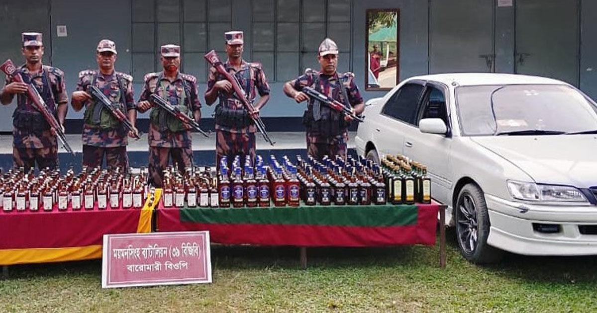 শেরপুর সীমান্তে মদ ও চোরাই মালামালসহ প্রাইভেটকার জব্দ