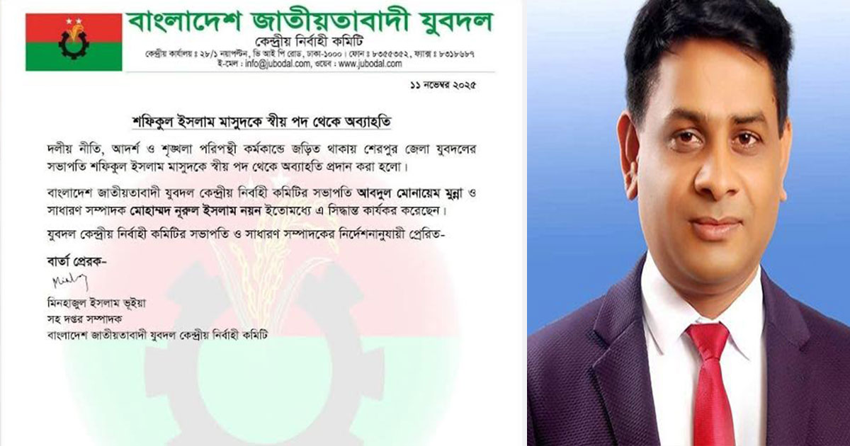 শেরপুর যুবদলের সভাপতি শফিকুল ইসলাম মাসুদকে অব্যাহতি