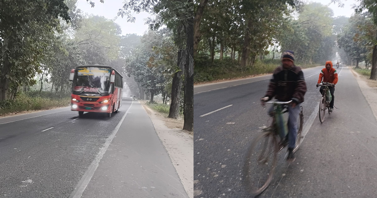 ঘন কুয়াশায় হেডলাইট জ্বালিয়ে চলাচল করছে যানবাহন