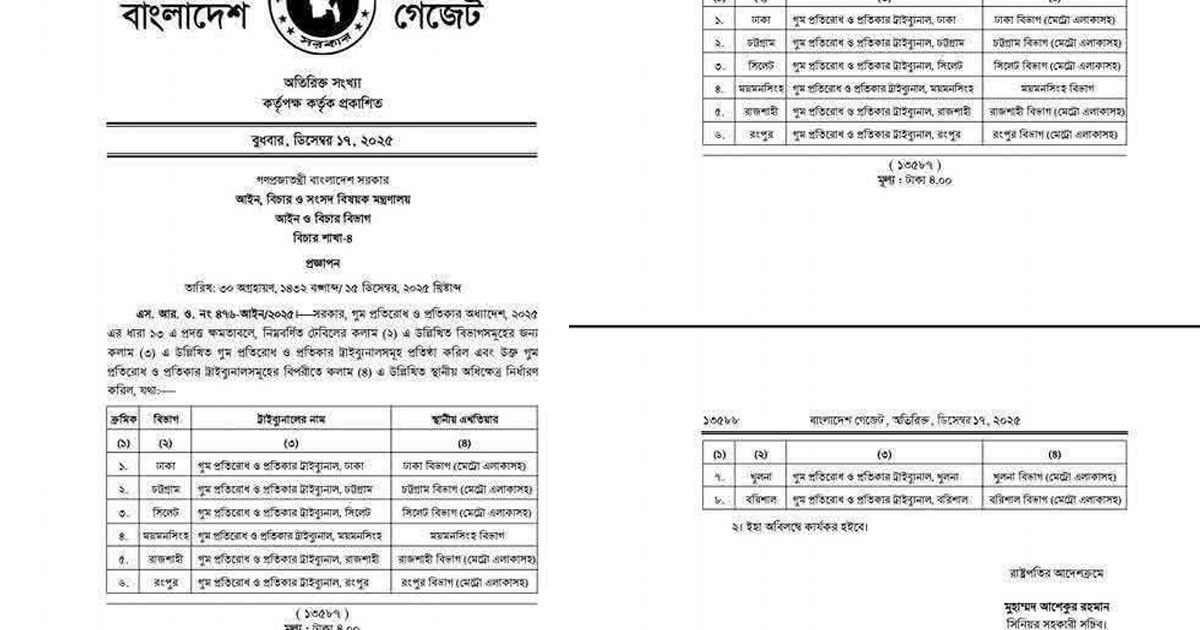 ৮ বিভাগে গুম প্রতিরোধ ও প্রতিকার ট্রাইব্যুনাল গঠন