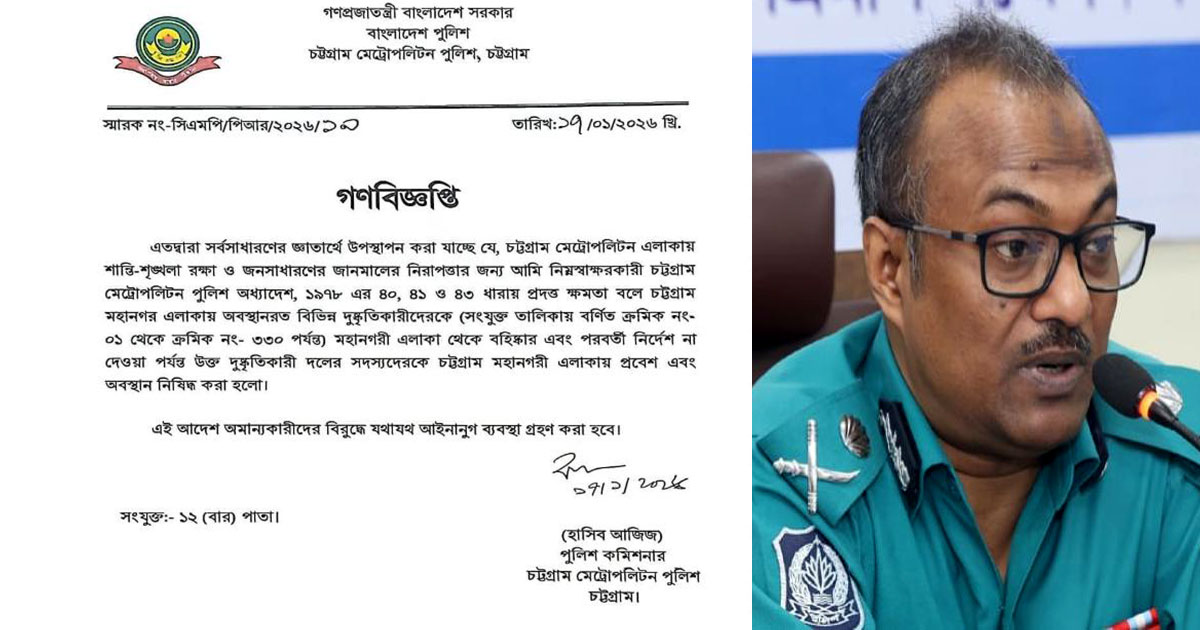 ৩৩০ দুষ্কৃতকারীর চট্টগ্রাম মহানগরে প্রবেশে পুলিশের নিষেধাজ্ঞা