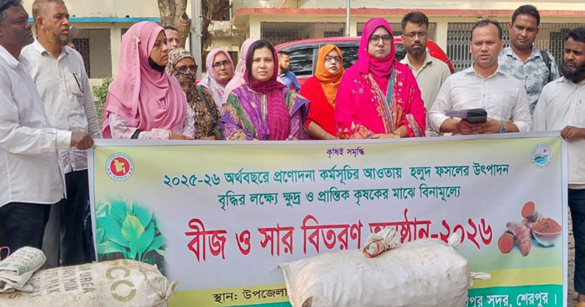 শেরপুরে হলুদ চাষীদের মাঝে বীজ ও সার বিতরণ